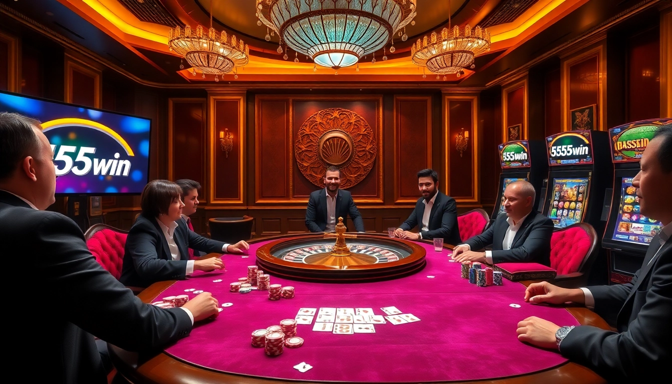 Exciting casino scene featuring 555win poker table with players and vibrant chips.