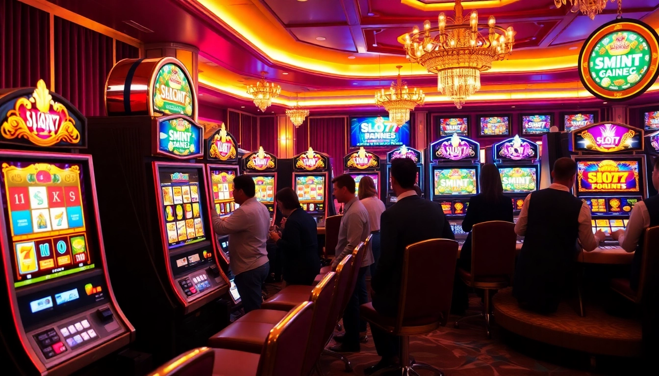 Experience slot777 login excitement as players engage with vibrant slot machines in a luxurious casino.