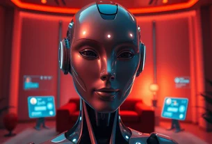 Engage in AI porn chat with a sleek humanoid character in a cozy digital environment.