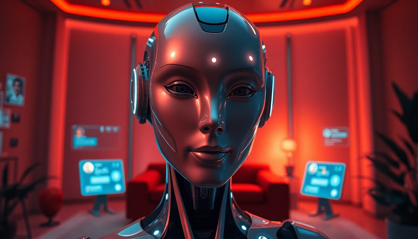 Engage in AI porn chat with a sleek humanoid character in a cozy digital environment.