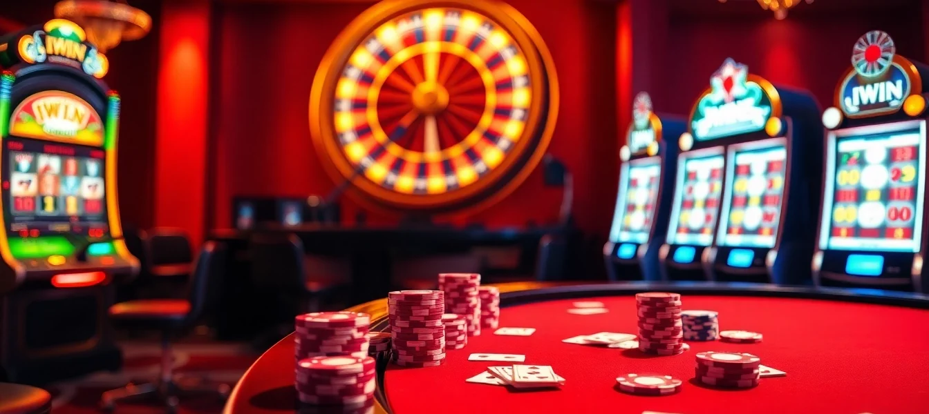 IWIN casino scene featuring colorful poker chips, cards, and vibrant slot machines, exuding excitement and luxury.