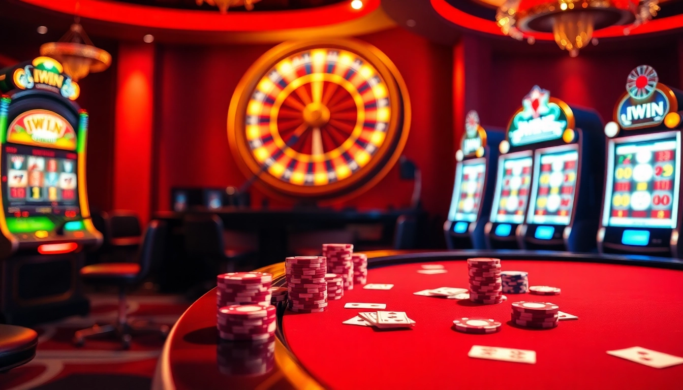 IWIN casino scene featuring colorful poker chips, cards, and vibrant slot machines, exuding excitement and luxury.