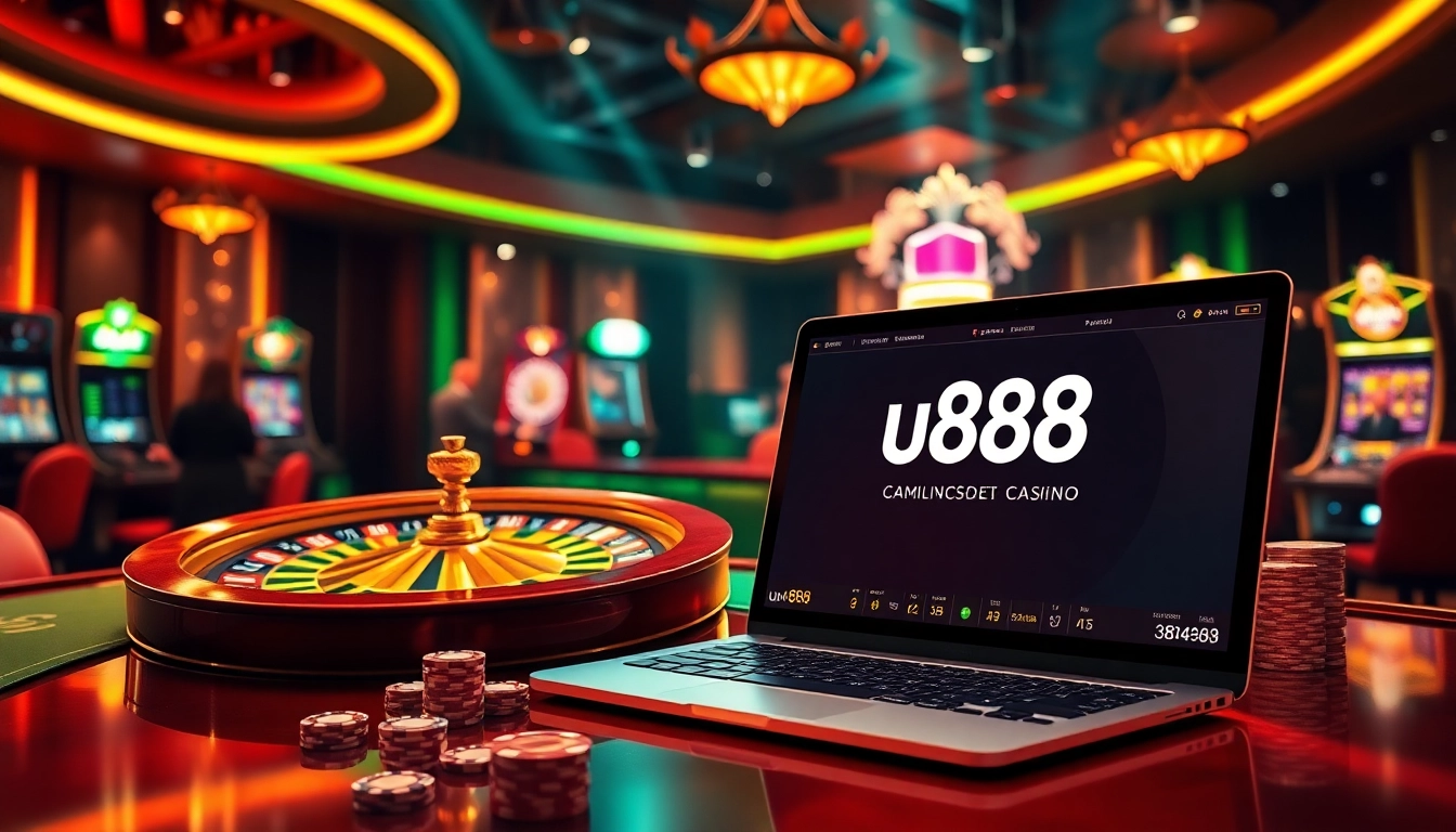 Experience thrilling gameplay at u888 with vibrant casino tables, roulette wheels, and dynamic slot machines.
