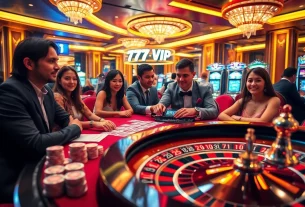 Dynamic scene of players enjoying games at 777VIP casino with vibrant 777 symbols and luxurious atmosphere.