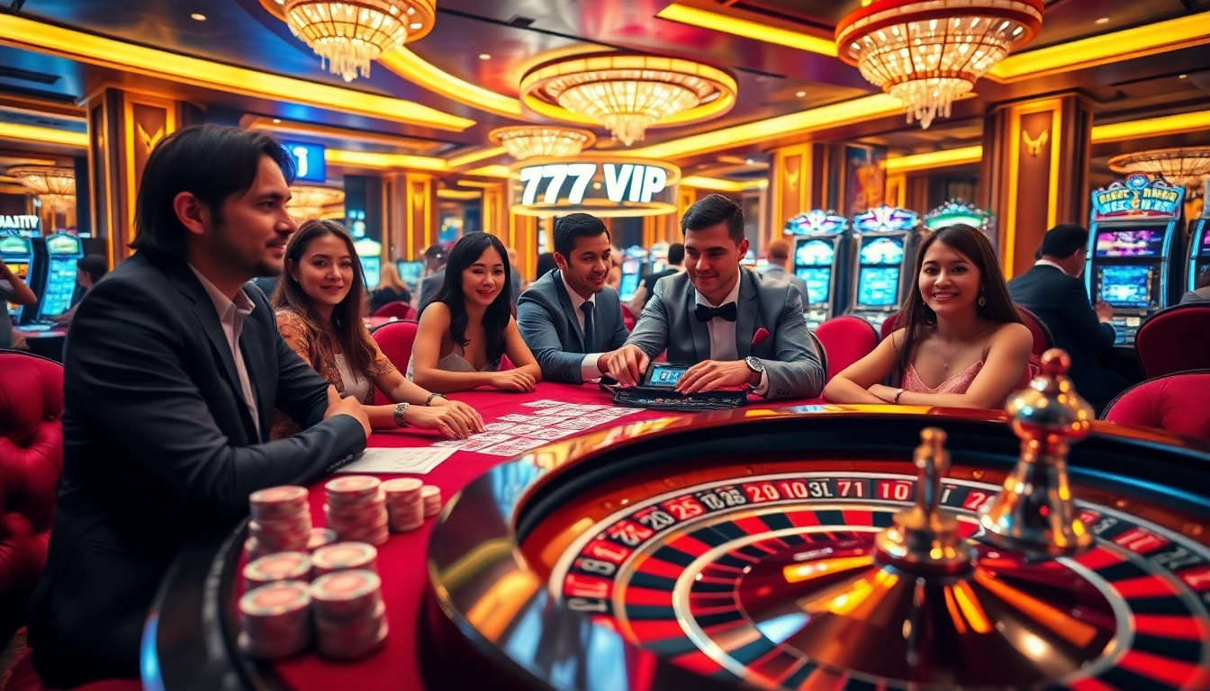 Dynamic scene of players enjoying games at 777VIP casino with vibrant 777 symbols and luxurious atmosphere.