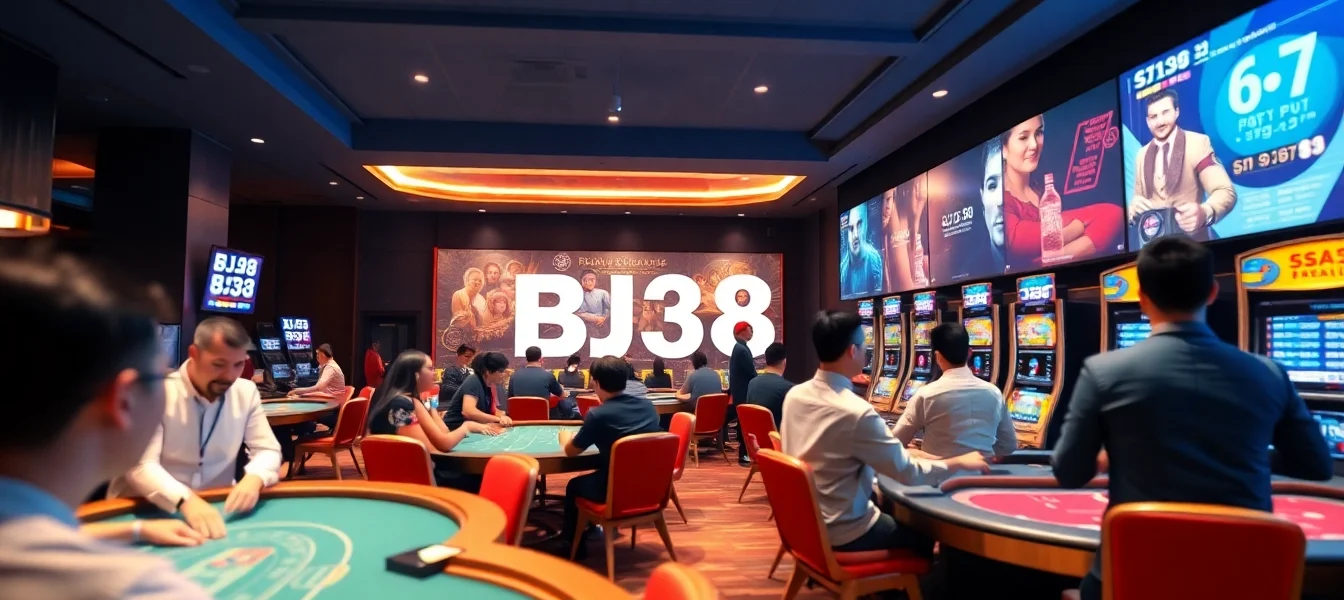 BJ38 online gaming scene featuring vibrant 3D casino elements and enthusiastic players.