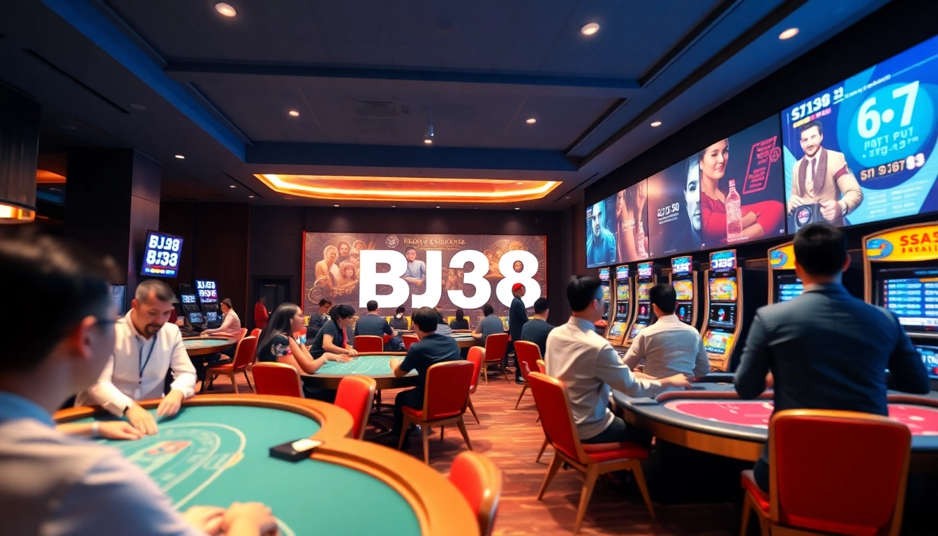 BJ38 online gaming scene featuring vibrant 3D casino elements and enthusiastic players.