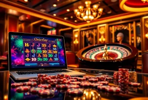 Experience the thrill of winning with Onicplay in a luxurious casino setting featuring vibrant slot machines and roulette wheels.