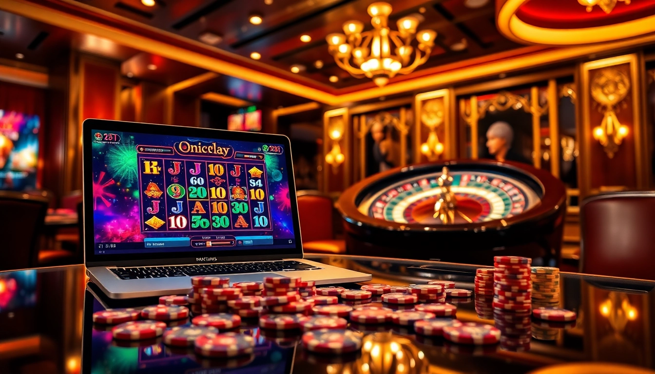 Experience the thrill of winning with Onicplay in a luxurious casino setting featuring vibrant slot machines and roulette wheels.