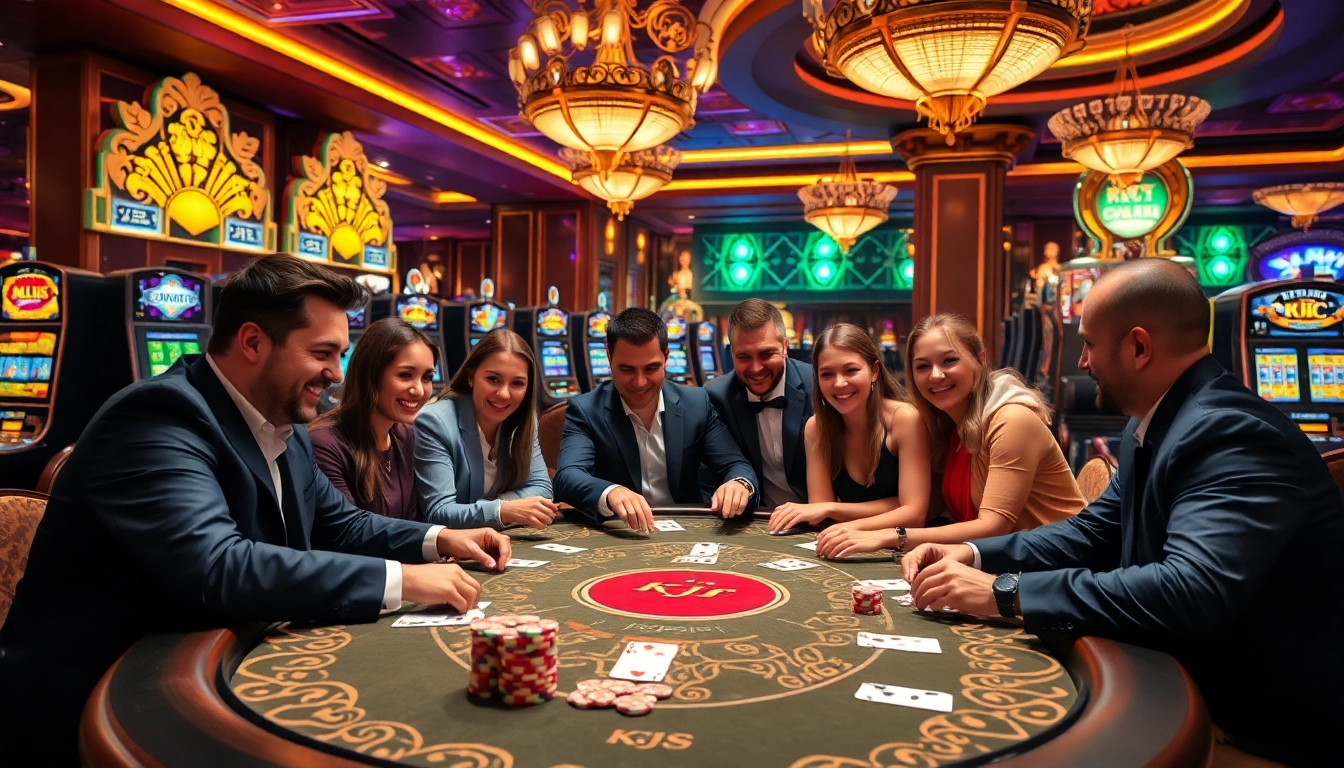 KJC poker table with players engaged in a high-stakes game, showcasing excitement in a luxurious casino.
