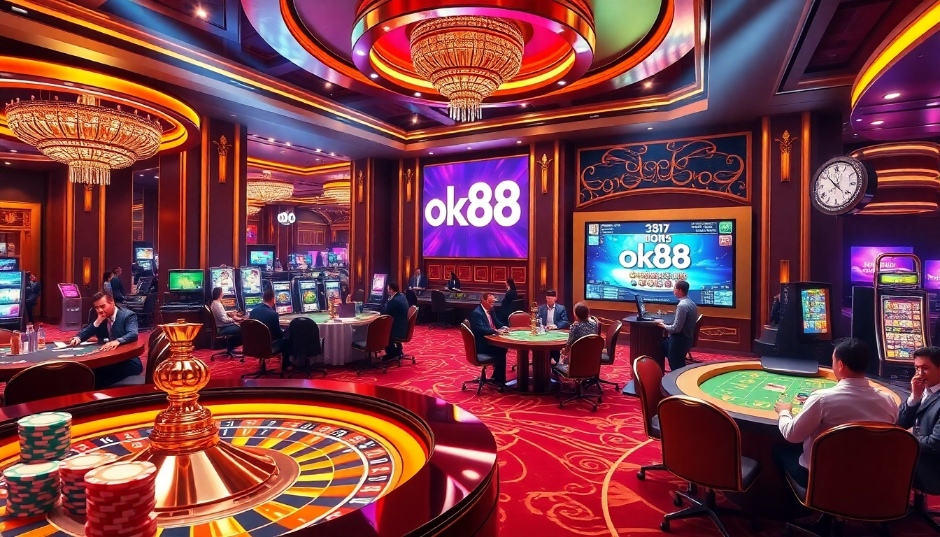 Players enjoying the excitement of gambling at ok88, featuring vibrant tables and colorful chips.