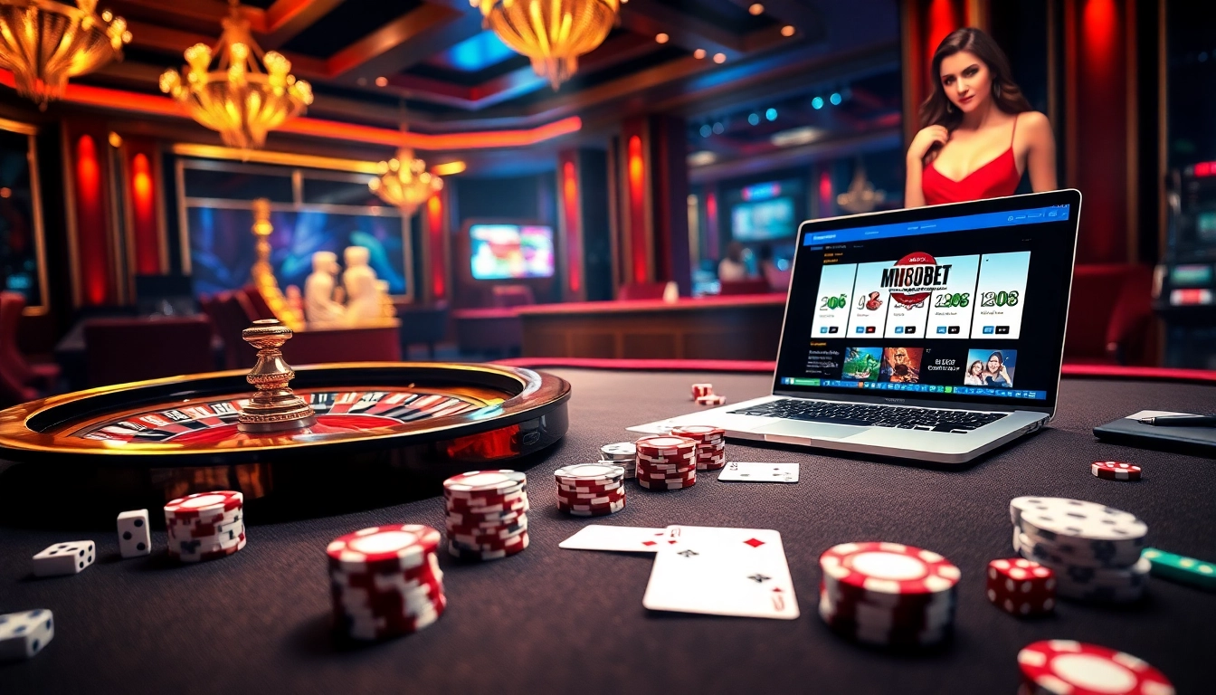 Engage with the excitement of MM88Bet through a luxurious casino gaming scene featuring poker, roulette, and online betting elements.