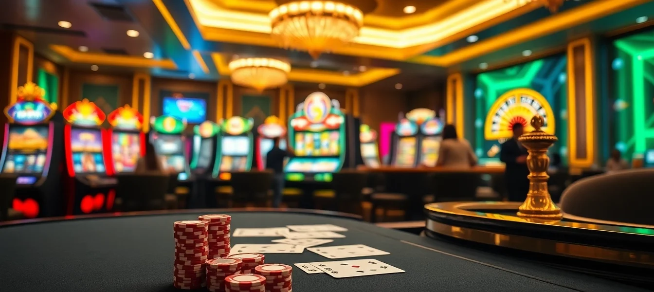 Experience the thrilling atmosphere of Vua99 with vibrant slot machines and elegant tables.