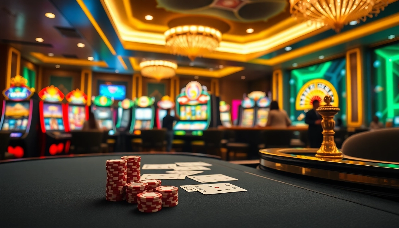 Experience the thrilling atmosphere of Vua99 with vibrant slot machines and elegant tables.