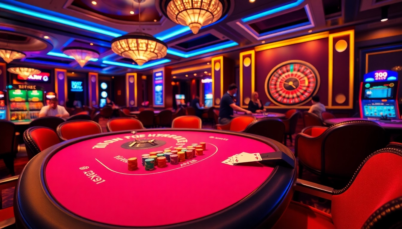 Engaging poker action at a luxurious k9k9 casino table with colorful chips and roulette.