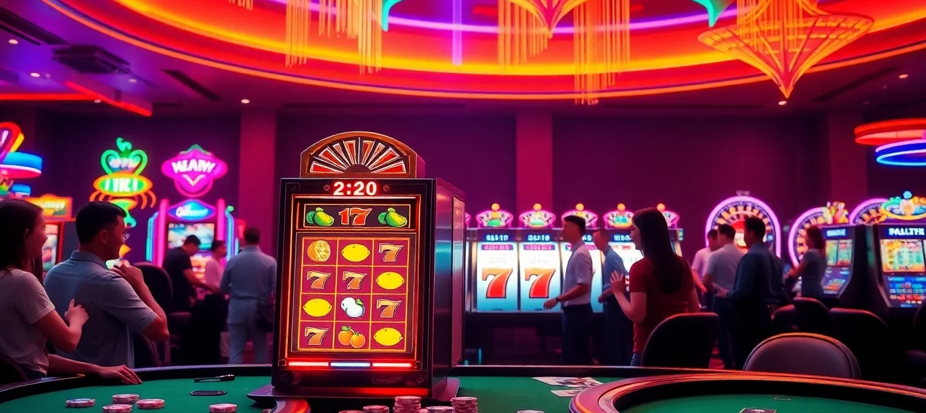 Spin the reels on an engaging slot 2d machine amidst a dazzling casino atmosphere.