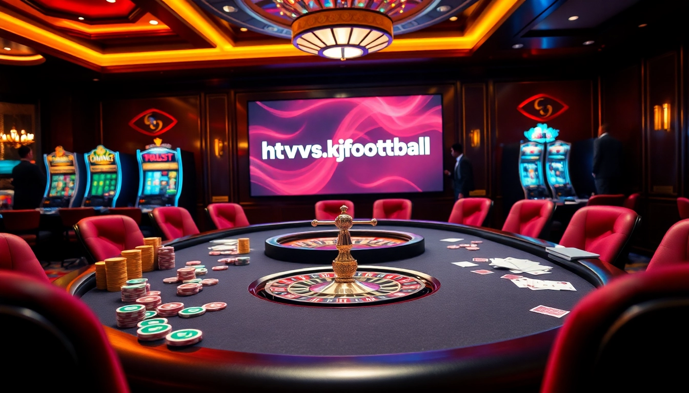 Engage in thrilling games at https://kjc.football/ with luxurious poker chips and cards on a vibrant casino table.