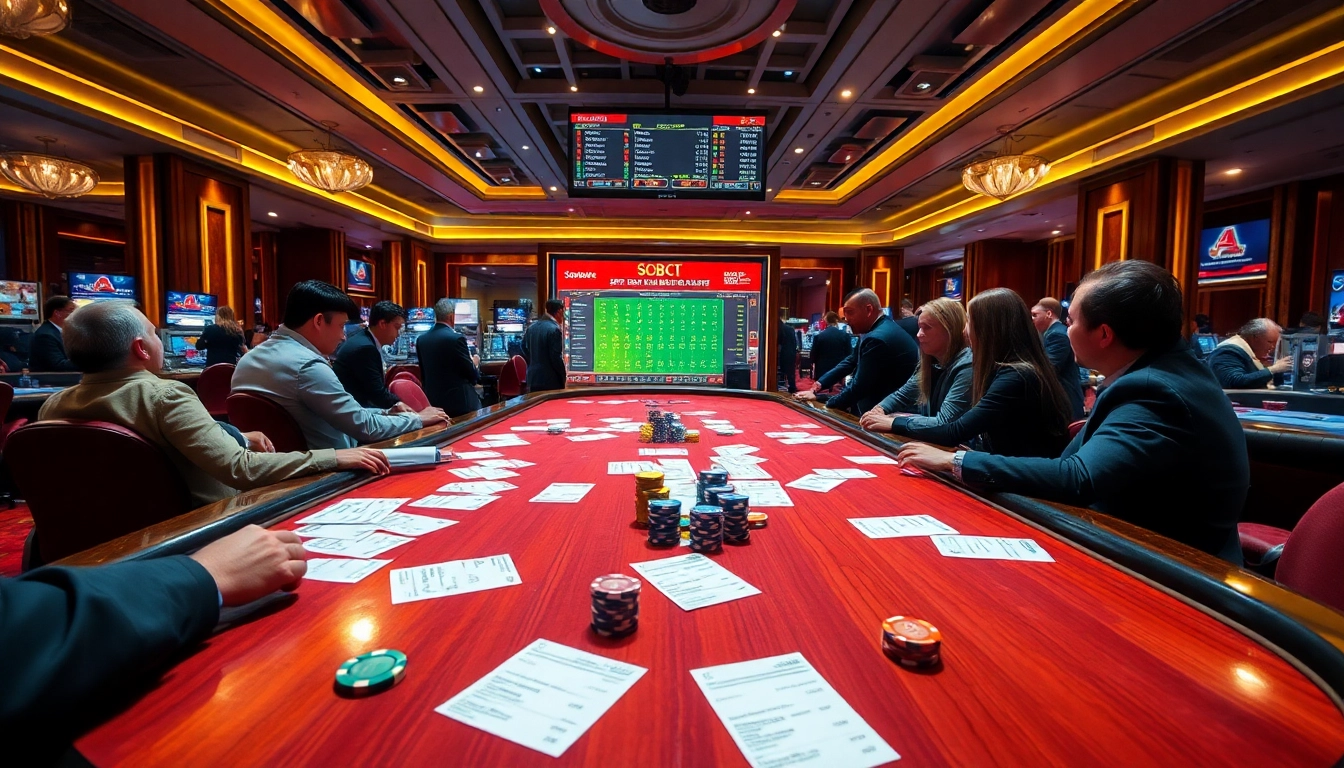Sbobet betting action at a luxurious casino sportsbook with slips, chips, and digital displays.