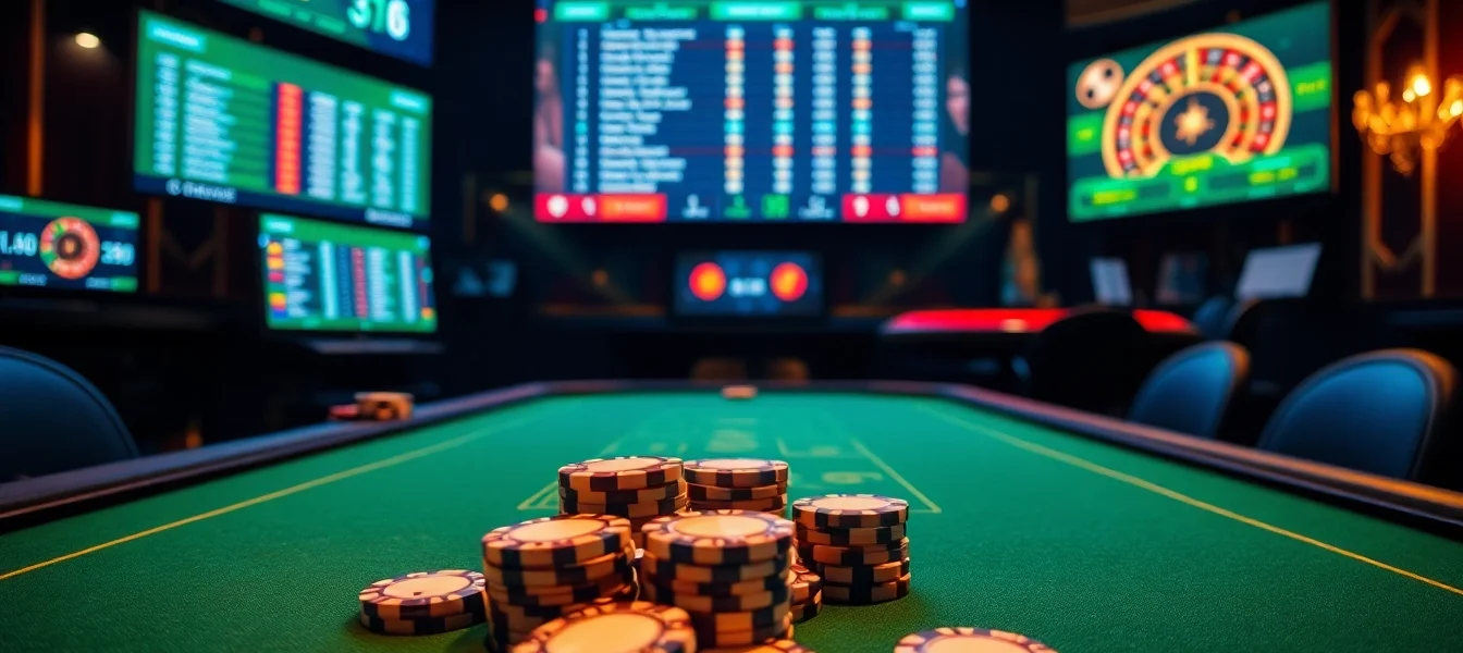 Simplified betting scene with sbobet link alternatif, featuring poker chips and an online gambling interface.