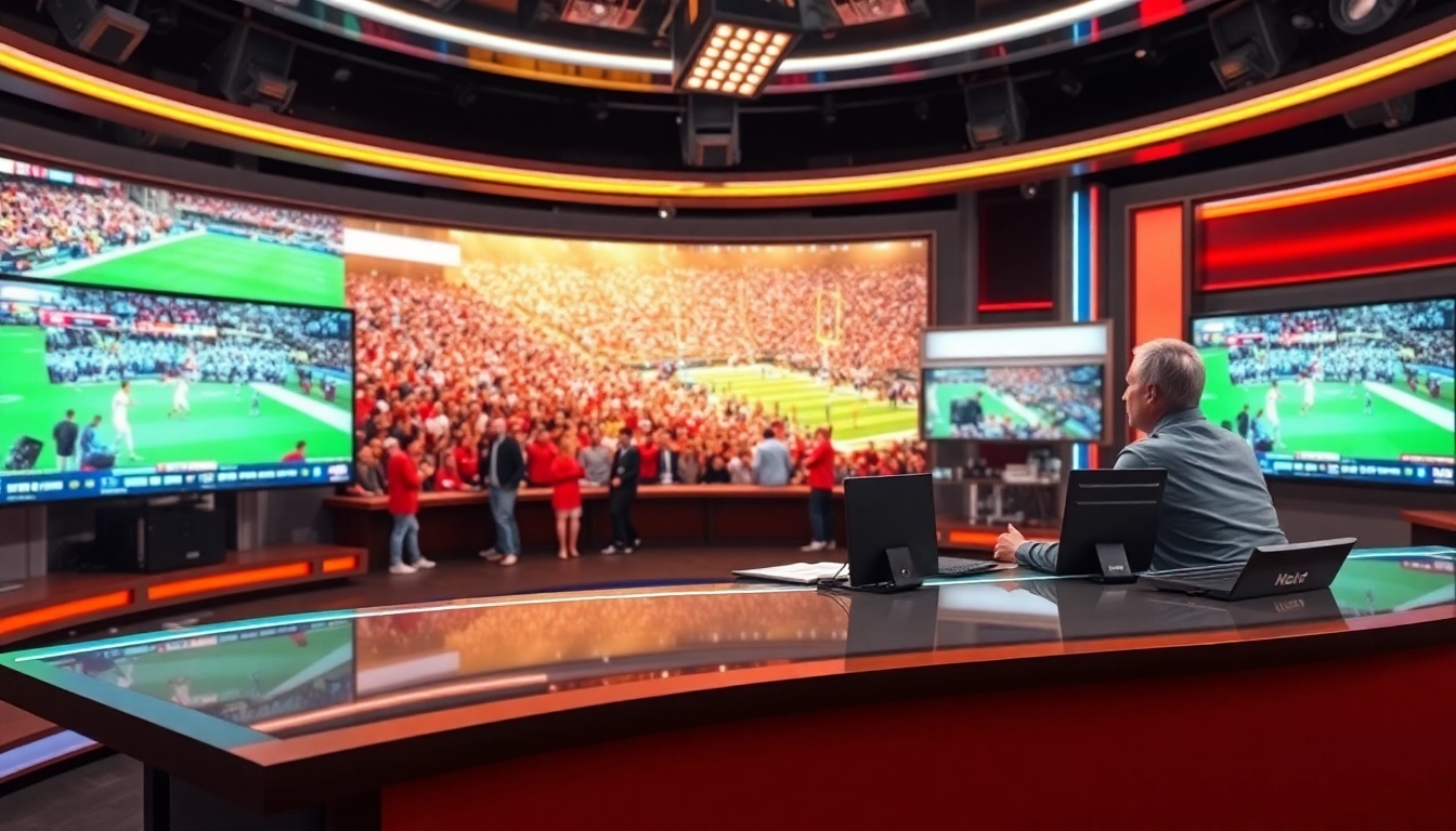Engaging scene of sports broadcasting featuring analyst and game highlights on monitors.