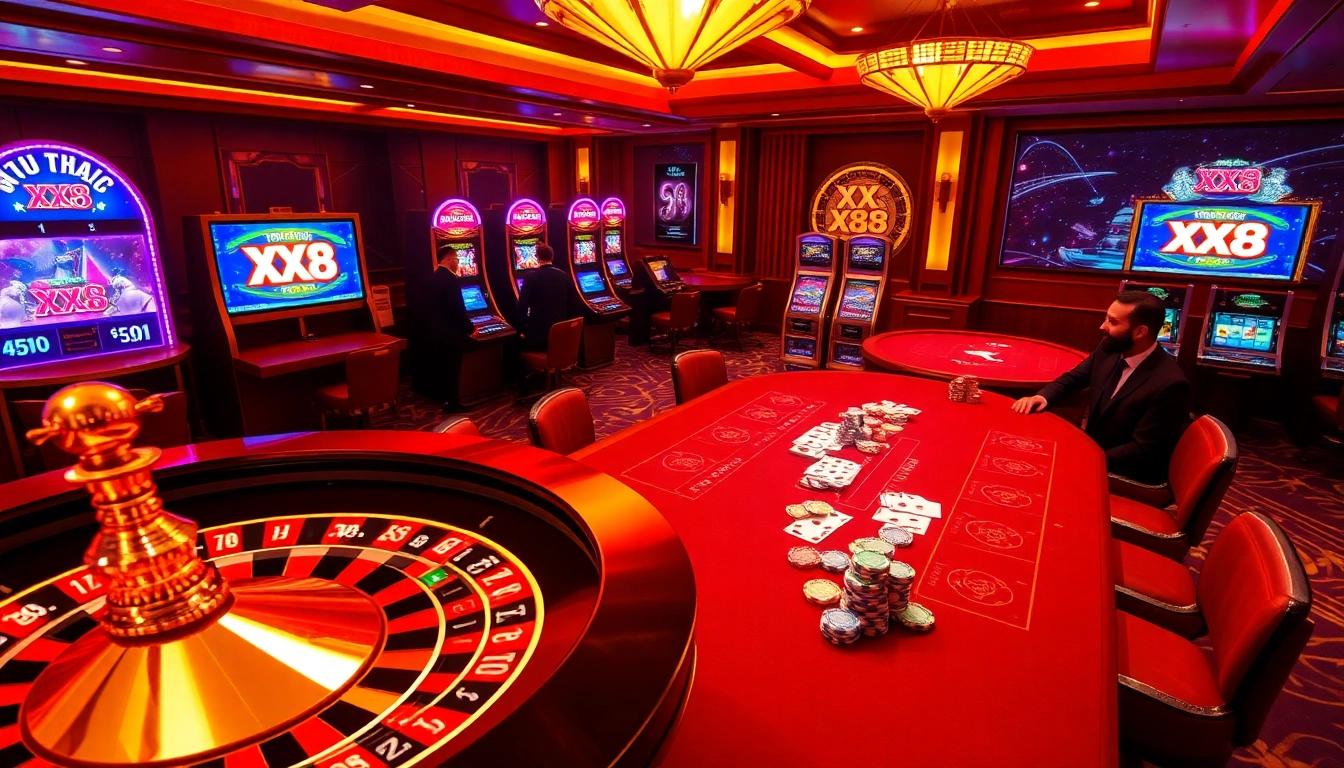 Exciting gambling atmosphere featuring XX 88 with poker chips, cards, and slot machines.
