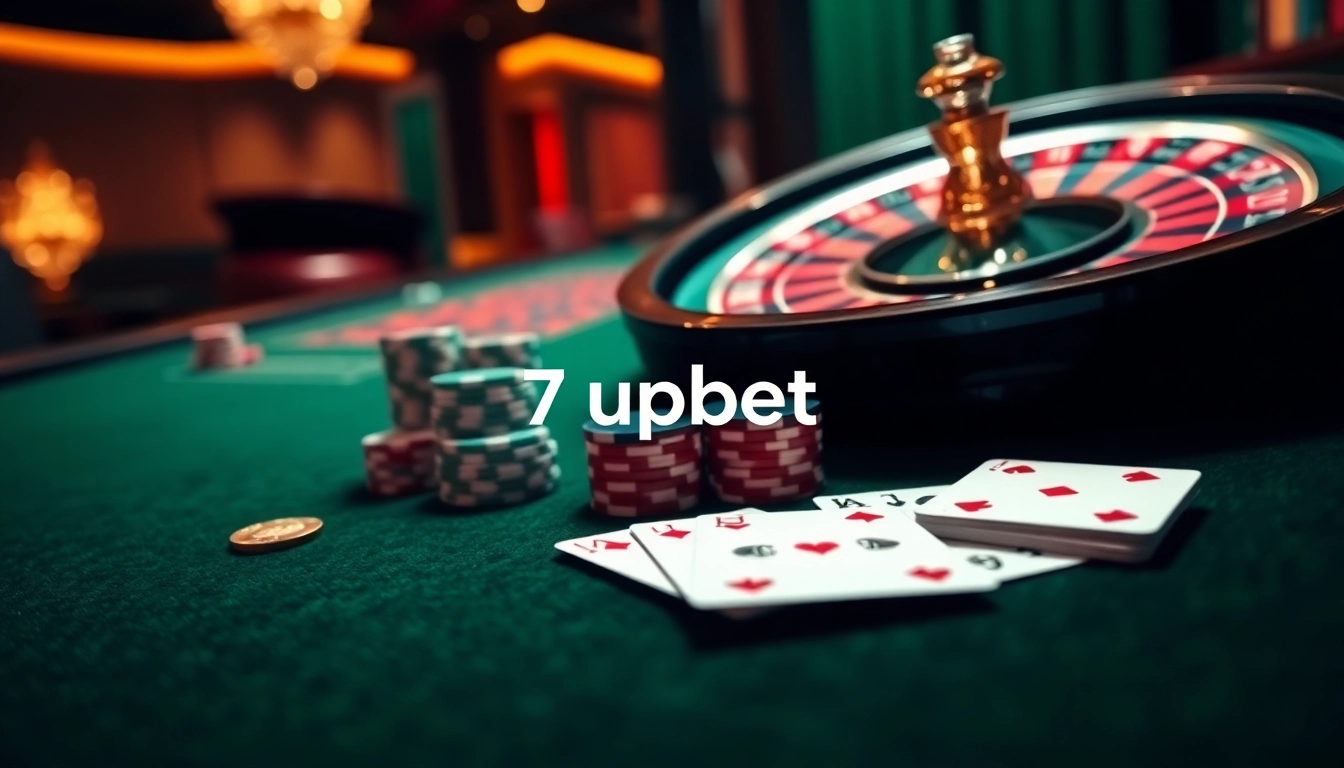 Engaging scene of '7upbet login' with poker chips and a roulette wheel in a luxurious casino setting.