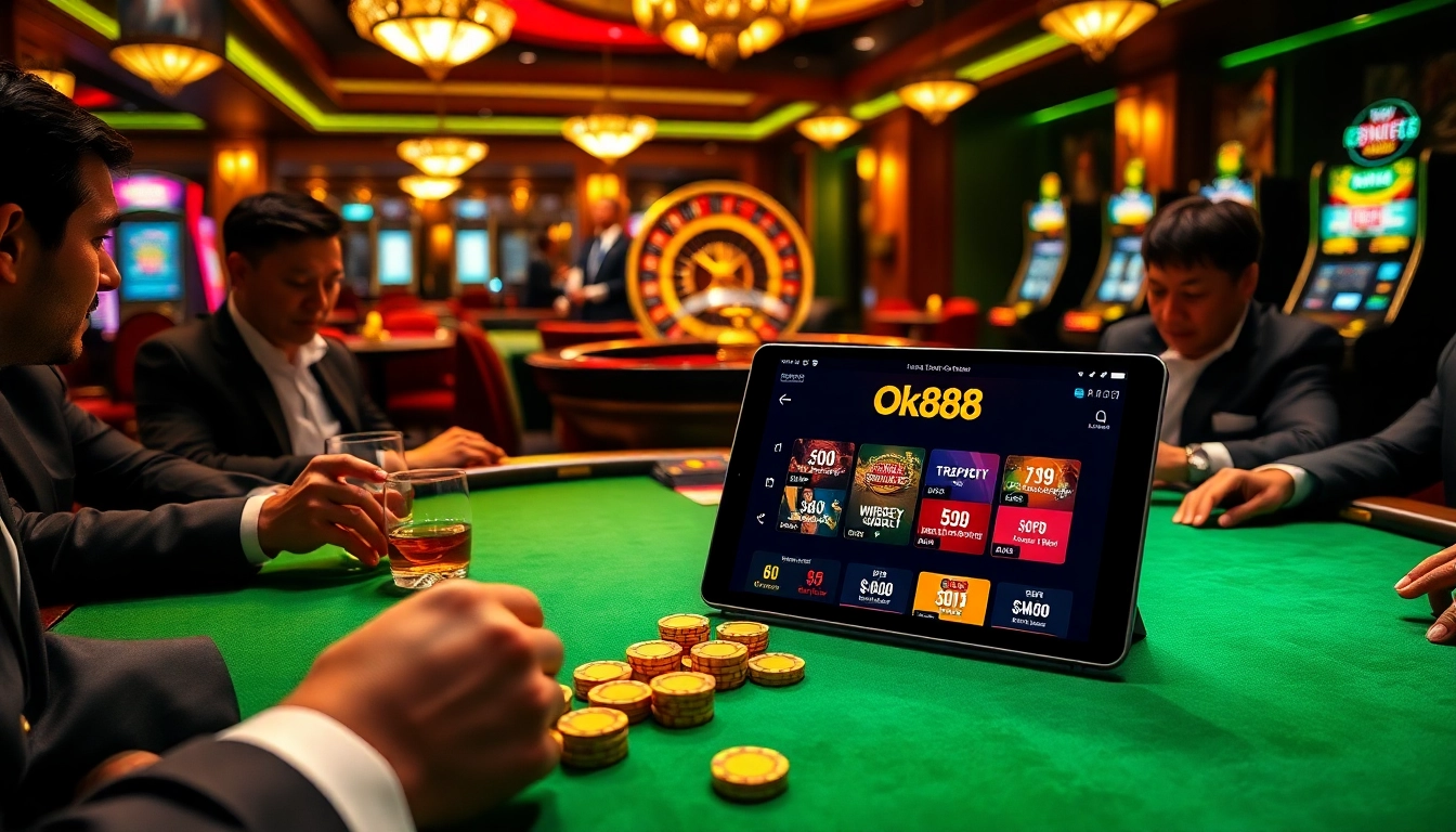Engaging players experience the thrill of ok88 casino games at a luxurious table with cards and chips.