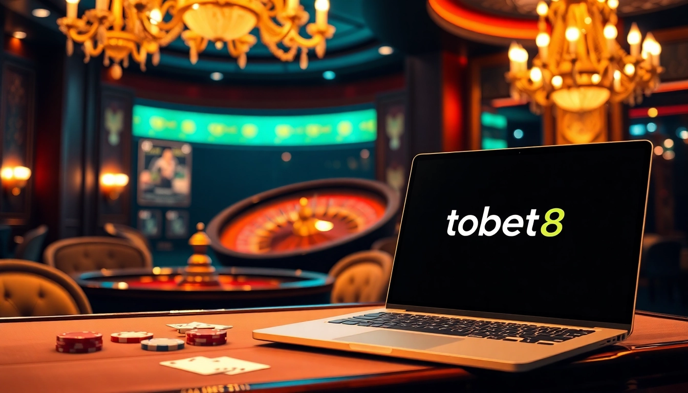 Experience the excitement of online gaming at nhà cái tobet88 with vibrant poker tables and roulette wheels.