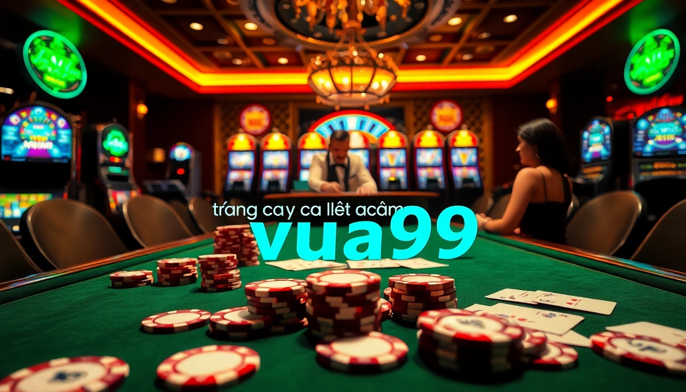 Engaging players at the vibrant trang cá cược vua99 casino table with poker chips and cards.
