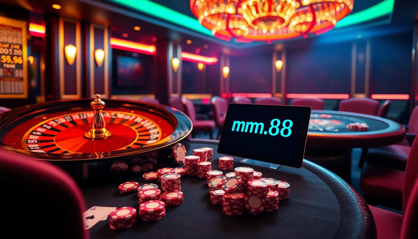 Experience the thrill of casino gaming with mm88.com, featuring vibrant roulette and poker elements.