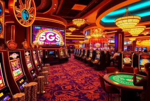 Engage with PG slot demo at a vibrant casino filled with colorful slot machines and lively players.