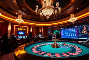 Experience the thrill of 68win at a luxurious casino table with players, cards, and chips.