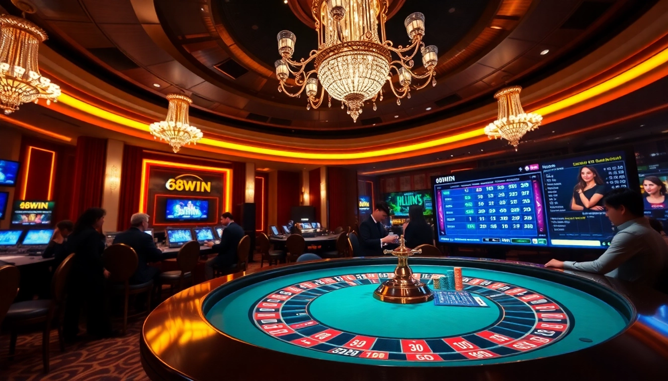Experience the thrill of 68win at a luxurious casino table with players, cards, and chips.
