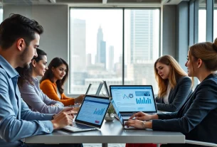 Responsive web design NYC showcased in a vibrant office scene with professionals collaborating.