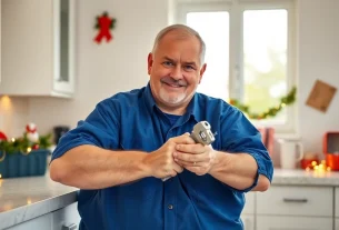 Emergency plumbers on holidays or weekends addressing a burst pipe in a festive kitchen.