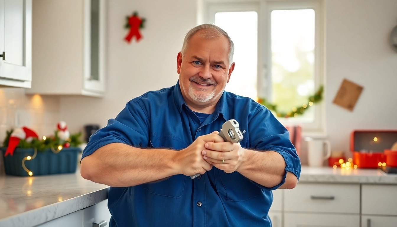 Emergency plumbers on holidays or weekends addressing a burst pipe in a festive kitchen.