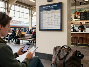 Journey from Halifax to Manchester Airport with traveler at train station.
