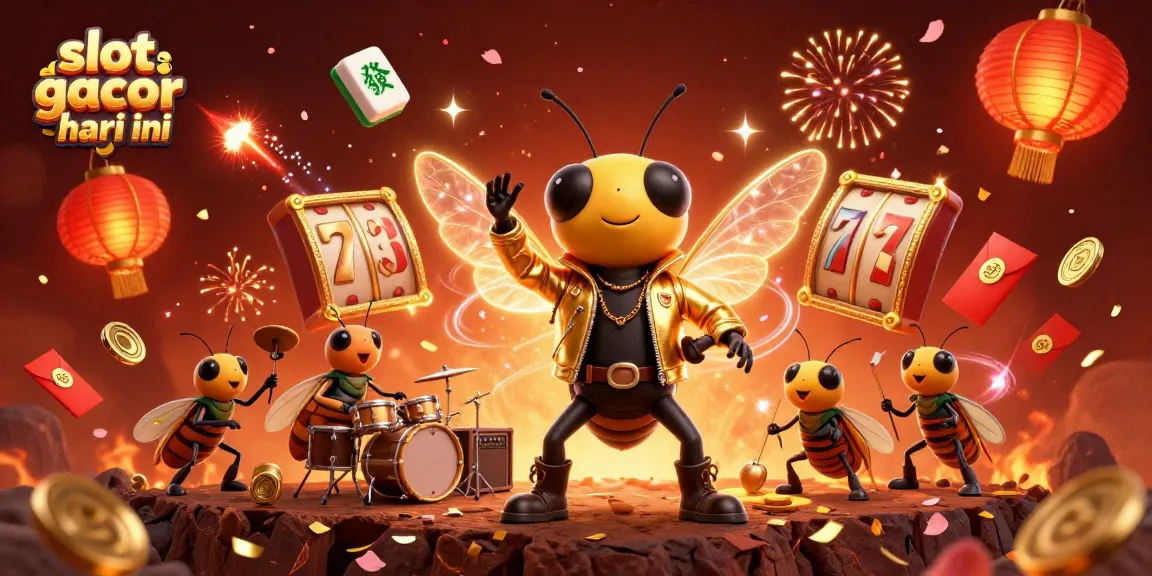 Watch the vibrant scene full of energy featuring slot gacor hari ini with a rock star cicada, beetle drummer, and festive elements.