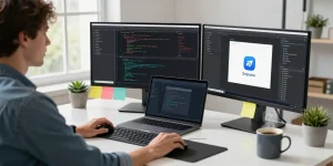 Capture of software engineer at modern desk showcasing snipaste官网 application for screenshot efficiency