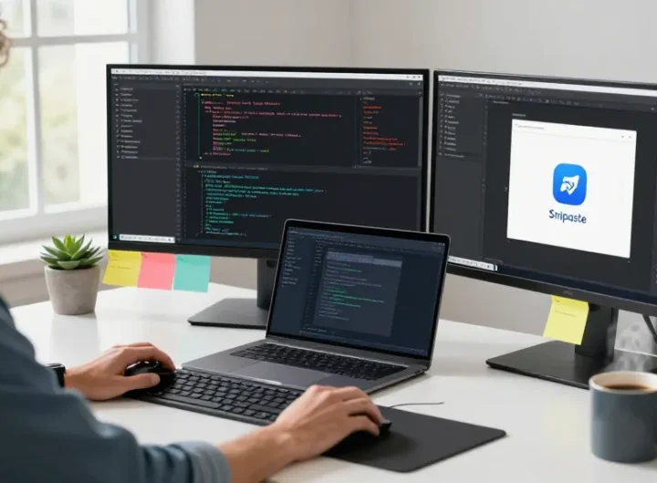 Capture of software engineer at modern desk showcasing snipaste官网 application for screenshot efficiency