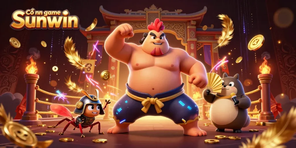 Cổng game Sunwin showcases a dynamic scene with a powerful sumo rooster and samurai cricket in a vibrant arena.