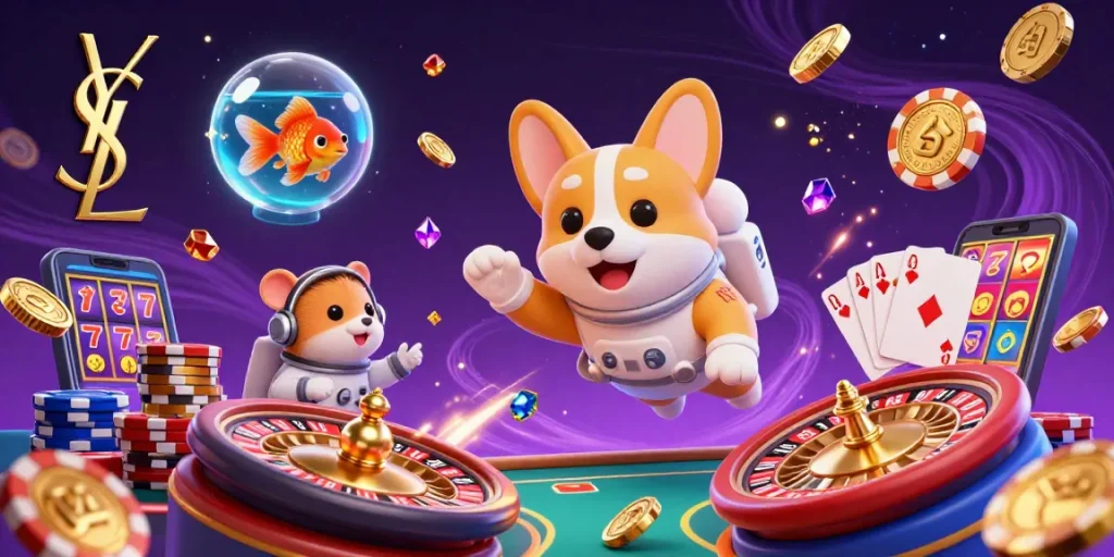 Experience vibrant gaming with ysl in a space station casino featuring an astronaut corgi.