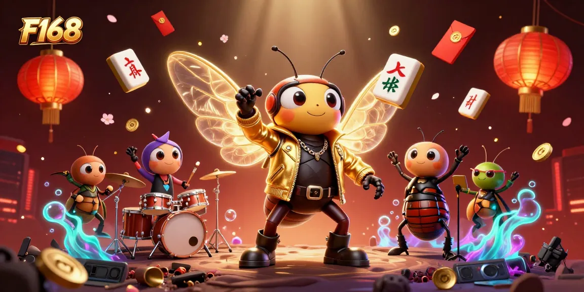 Engage with F168's vibrant casino atmosphere through colorful gaming elements and energetic characters.