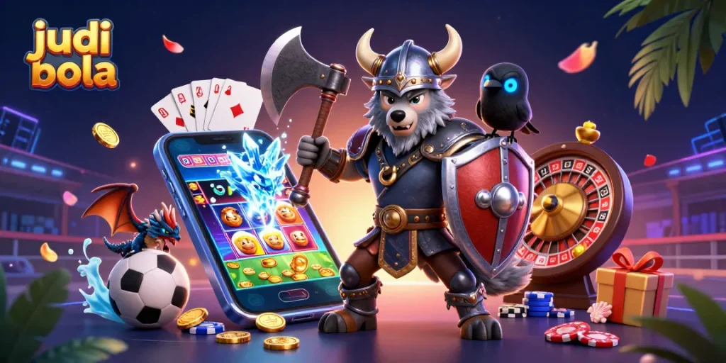 Engage in judi bola betting strategies while enjoying a vibrant 3D casino scene.