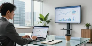 Business professional utilizing asset tracing software in a modern office