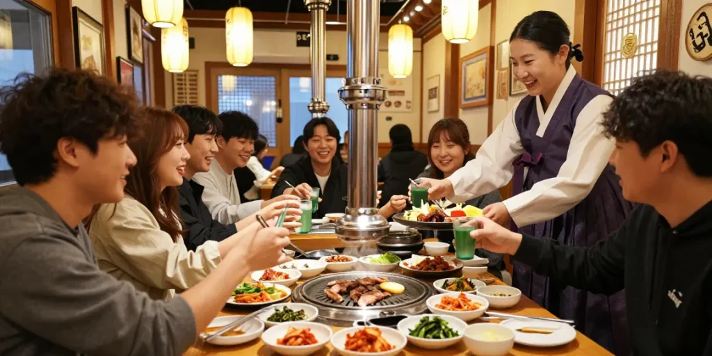 An engaging gathering at 상봉동 한국관, showcasing friends enjoying Korean BBQ with vibrant dishes and traditional decor.
