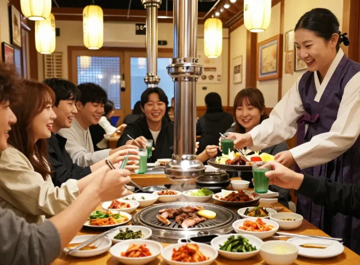 An engaging gathering at 상봉동 한국관, showcasing friends enjoying Korean BBQ with vibrant dishes and traditional decor.
