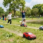 Kids enjoying rokok88 remote control cars and boats in a sunny park.