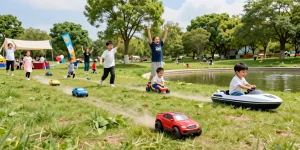 Kids enjoying rokok88 remote control cars and boats in a sunny park.