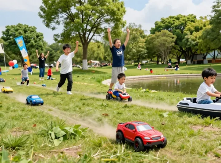 Kids enjoying rokok88 remote control cars and boats in a sunny park.